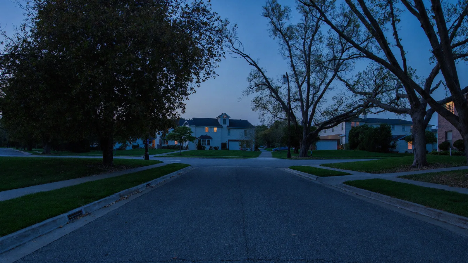 Tree-lined residential street at blue hour, two-storey houses set back behind deep lawns with a few windows lit from within
