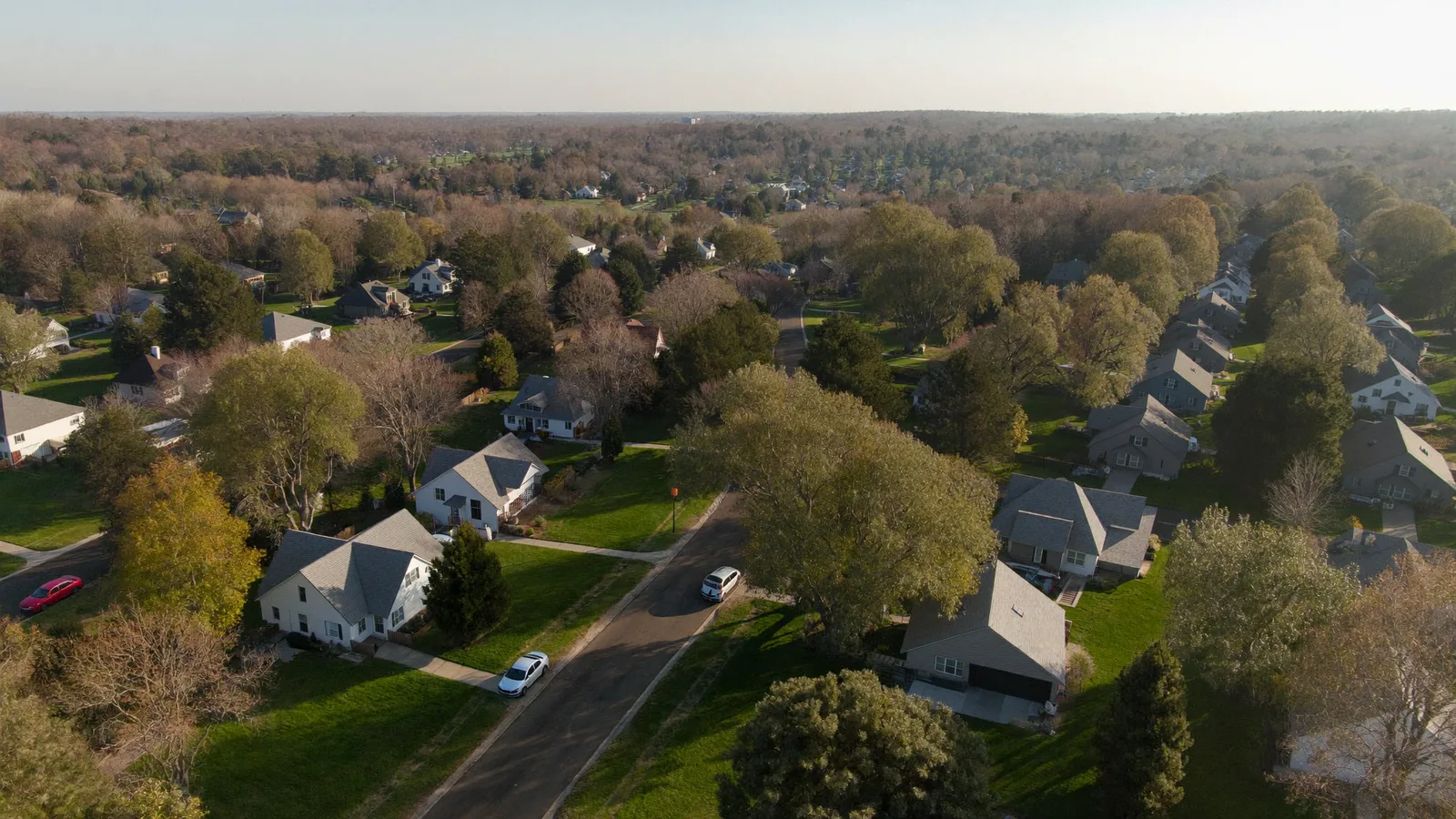 Aerial view of a suburban neighborhood of detached single-family homes on wooded lots in late afternoon light